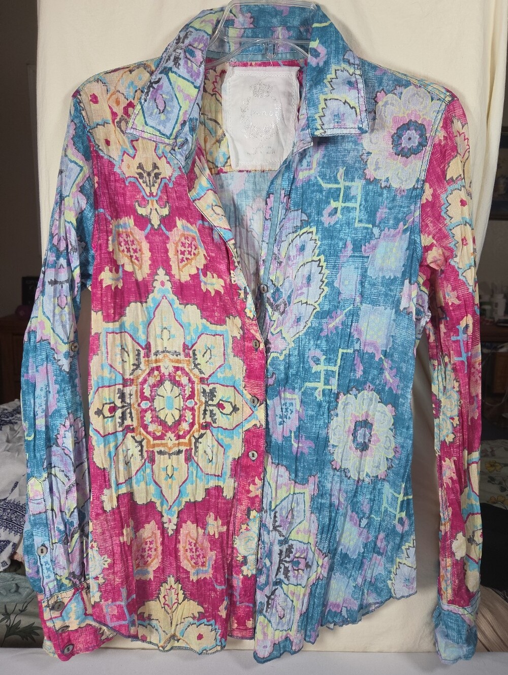 Cino Crinkle Cotton Geometric Floral Button-down Blouse M Art To Wear